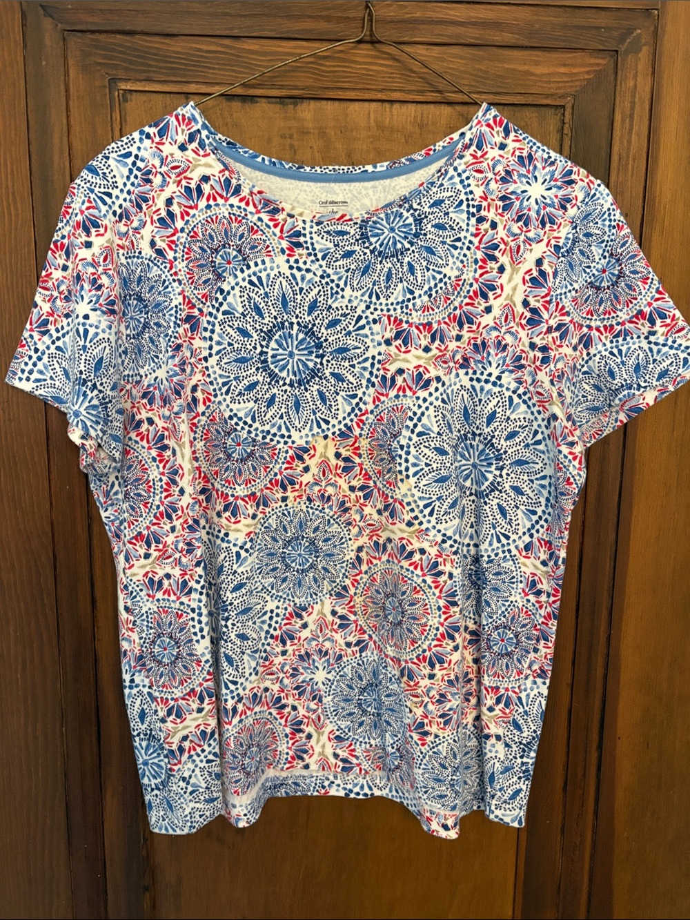Women’s Short Sleeve Crewneck Top - Blue & Red Medallion Print